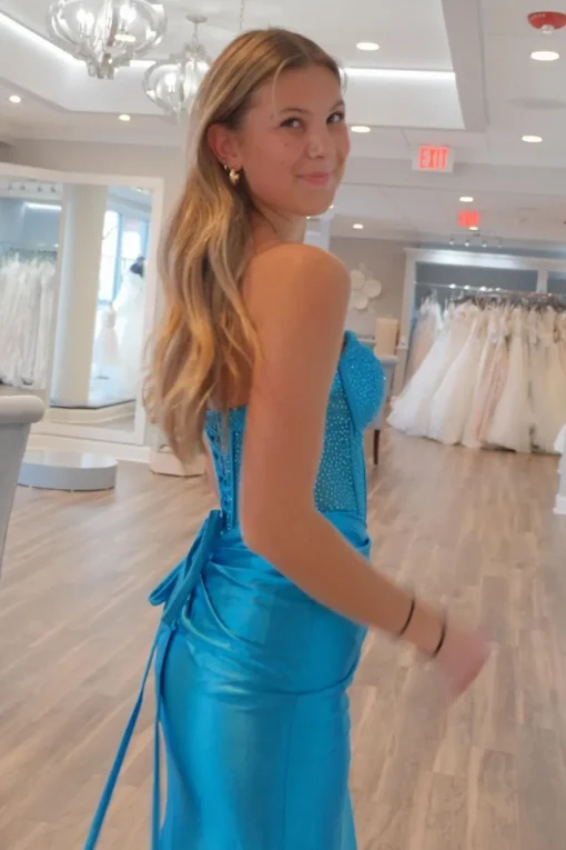Sparkly Blue Strapless Corset Prom Dress with Slit