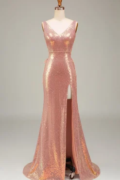 Sparkly Blush Mermaid Prom Dress with Slit