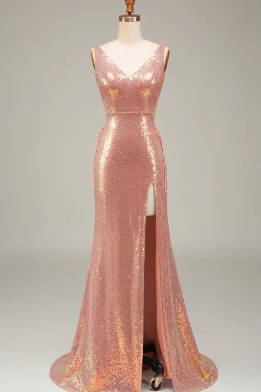Sparkly Blush Mermaid Prom Dress with Slit