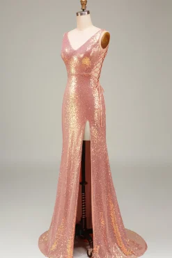 Sparkly Blush Mermaid Prom Dress with Slit