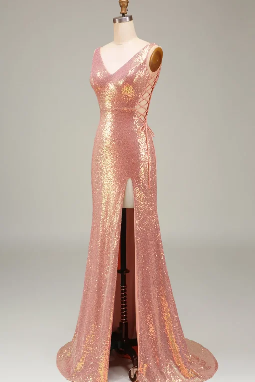 Sparkly Blush Mermaid Prom Dress with Slit
