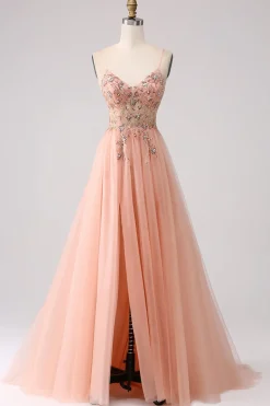 Sparkly Blush Tulle A Line Prom Dress with Beading