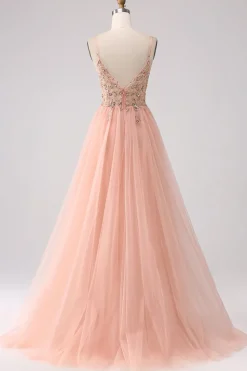 Sparkly Blush Tulle A Line Prom Dress with Beading