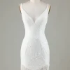 Sparkly Bodycon Spaghetti Straps Blue Lace-Up Back Short Graduation Dress with Beading