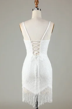 Sparkly Bodycon Spaghetti Straps Blue Lace-Up Back Short Graduation Dress with Beading