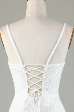 Sparkly Bodycon Spaghetti Straps Blue Lace-Up Back Short Graduation Dress with Beading