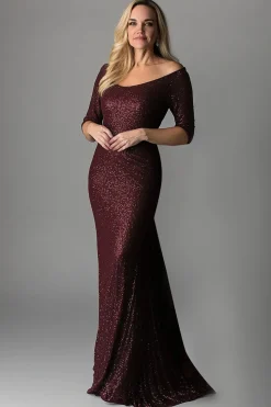 Sparkly Burgundy Tight Boat Neck Scarf Sleeves Mother of The Bride Dress