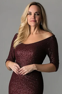 Sparkly Burgundy Tight Boat Neck Scarf Sleeves Mother of The Bride Dress