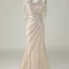 Sparkly Champagne Beaded Mermaid Long Prom Dress with Wrap