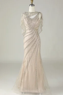 Sparkly Champagne Beaded Mermaid Long Prom Dress with Wrap