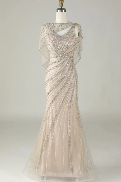Sparkly Champagne Beaded Mermaid Long Prom Dress with Wrap