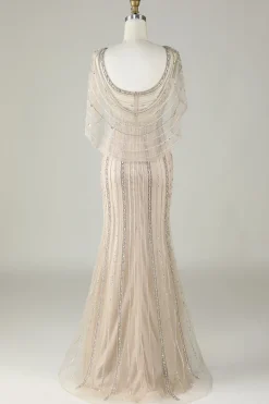 Sparkly Champagne Beaded Mermaid Long Prom Dress with Wrap