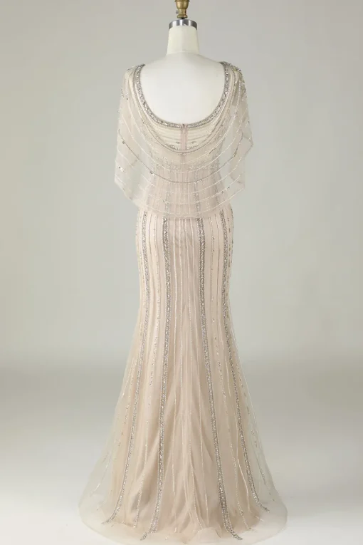 Sparkly Champagne Beaded Mermaid Long Prom Dress with Wrap