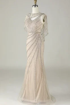 Sparkly Champagne Beaded Mermaid Long Prom Dress with Wrap