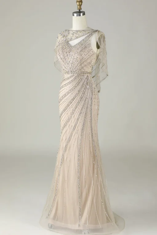 Sparkly Champagne Beaded Mermaid Long Prom Dress with Wrap