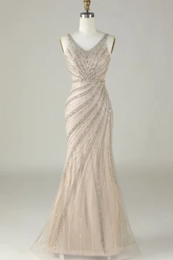 Sparkly Champagne Beaded Mermaid Long Prom Dress with Wrap