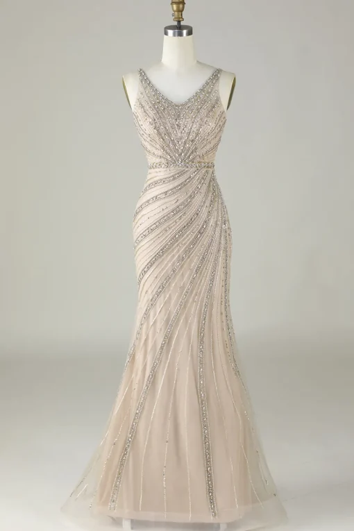 Sparkly Champagne Beaded Mermaid Long Prom Dress with Wrap