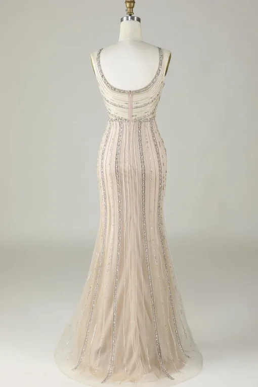 Sparkly Champagne Beaded Mermaid Long Prom Dress with Wrap