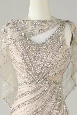 Sparkly Champagne Beaded Mermaid Long Prom Dress with Wrap