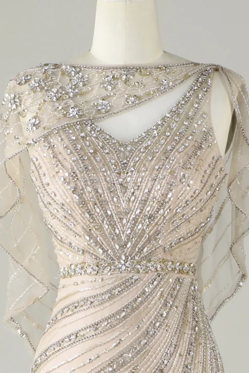Sparkly Champagne Beaded Mermaid Long Prom Dress with Wrap