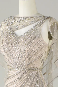 Sparkly Champagne Beaded Mermaid Long Prom Dress with Wrap