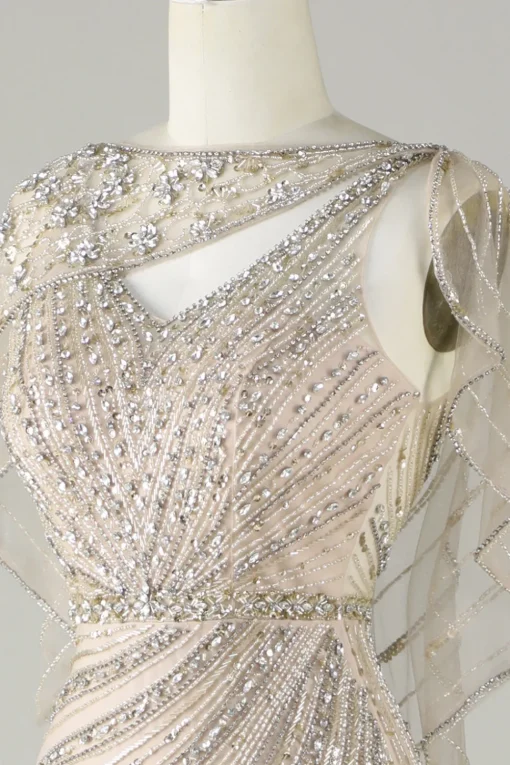 Sparkly Champagne Beaded Mermaid Long Prom Dress with Wrap