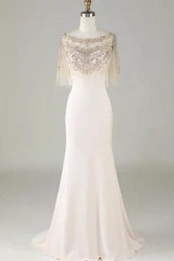 Sparkly Champagne Boat Neck Beaded Mermaid Long Prom Dress