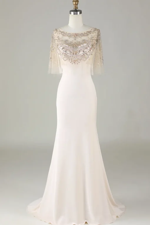 Sparkly Champagne Boat Neck Beaded Mermaid Long Prom Dress