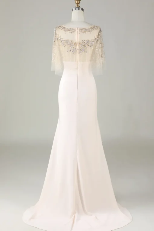 Sparkly Champagne Boat Neck Beaded Mermaid Long Prom Dress
