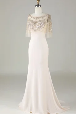 Sparkly Champagne Boat Neck Beaded Mermaid Long Prom Dress