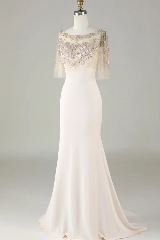 Sparkly Champagne Boat Neck Beaded Mermaid Long Prom Dress