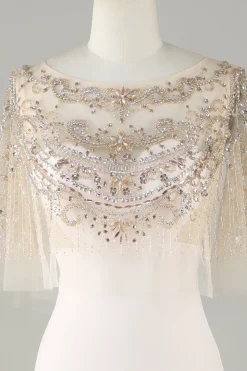 Sparkly Champagne Boat Neck Beaded Mermaid Long Prom Dress