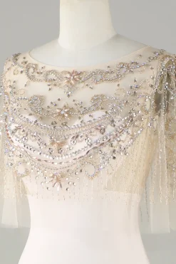 Sparkly Champagne Boat Neck Beaded Mermaid Long Prom Dress