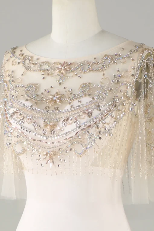Sparkly Champagne Boat Neck Beaded Mermaid Long Prom Dress