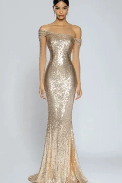 Sparkly Champagne Mermaid Off the Shoulder Sequins Long Formal Dress