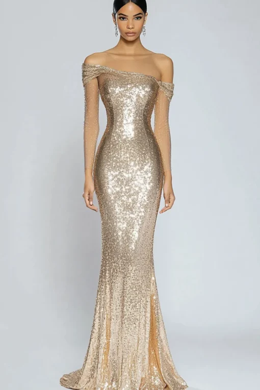 Sparkly Champagne Mermaid Off the Shoulder Sequins Long Formal Dress