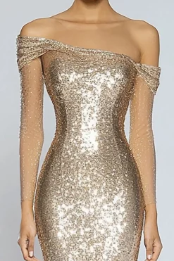 Sparkly Champagne Mermaid Off the Shoulder Sequins Long Formal Dress
