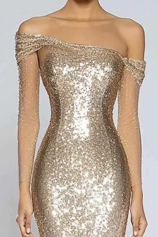 Sparkly Champagne Mermaid Off the Shoulder Sequins Long Formal Dress