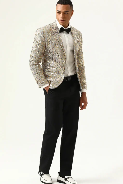 Sparkly Champagne Sequins Notched Lapel Men's Prom Blazer