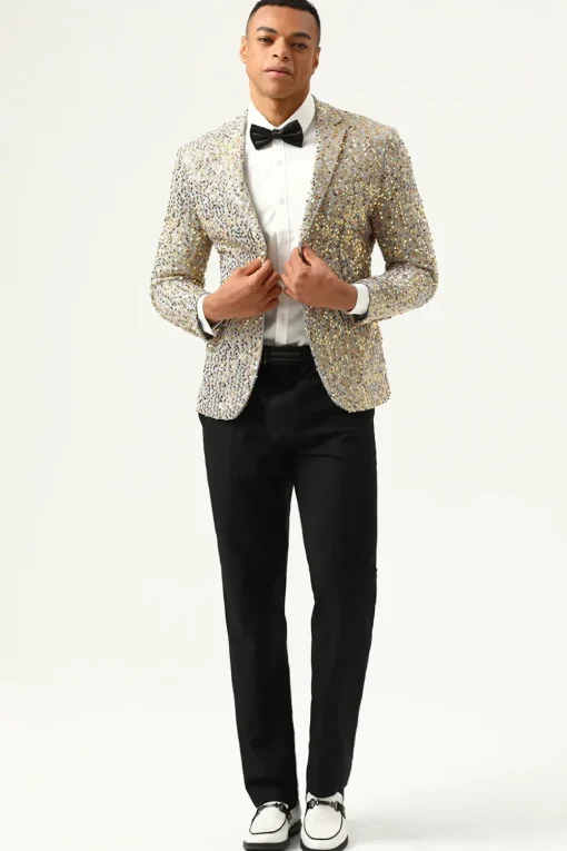 Sparkly Champagne Sequins Notched Lapel Men's Prom Blazer