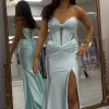 Sparkly Corset Beaded Strapless Mermaid Light Green Cut Out Prom Dress with Slit