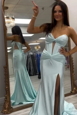Sparkly Corset Beaded Strapless Mermaid Light Green Cut Out Prom Dress with Slit
