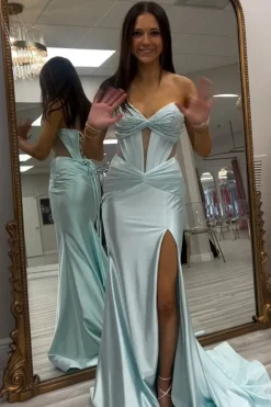 Sparkly Corset Beaded Strapless Mermaid Light Green Cut Out Prom Dress with Slit