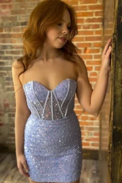 Sparkly Corset Hot Pink Graduation Dress with Lace-up Back