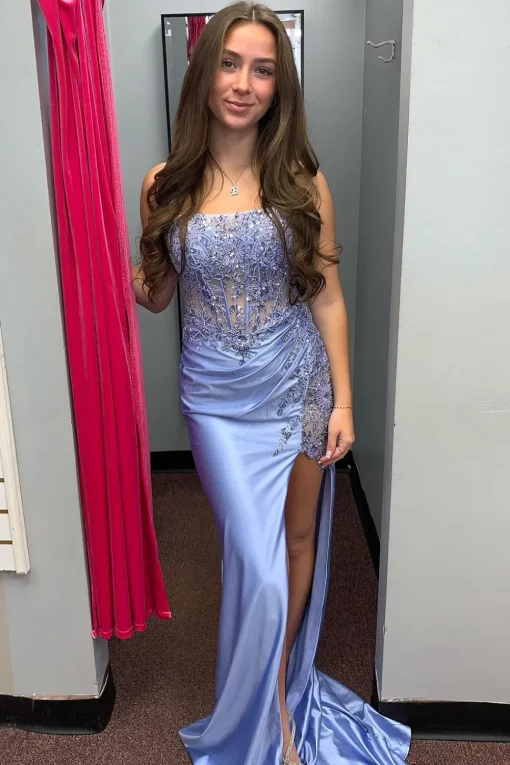 Sparkly Corset Sequins Mermaid Ruched Grey Blue Long Prom Dress with Slit