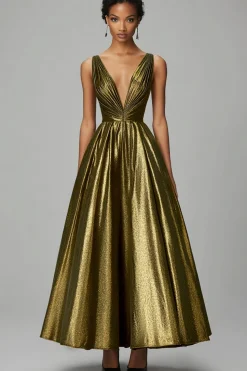 Sparkly Dark Gold A-Line V Neck Ruched Ankle Length Formal Dress