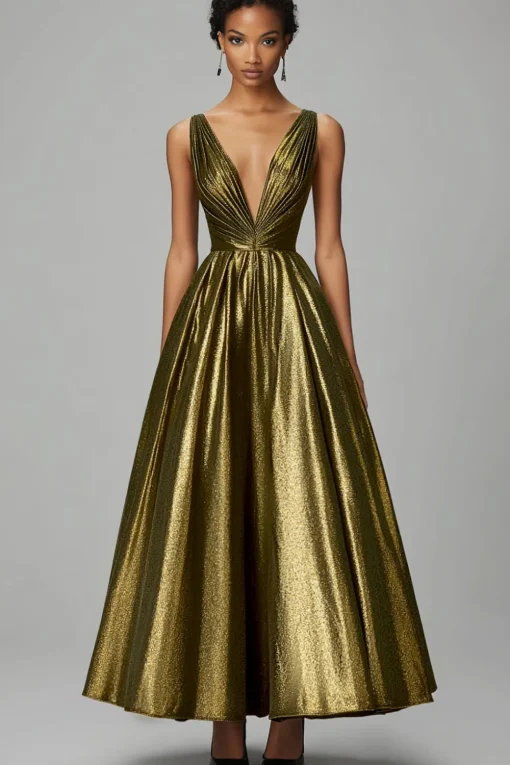 Sparkly Dark Gold A-Line V Neck Ruched Ankle Length Formal Dress