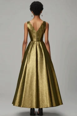Sparkly Dark Gold A-Line V Neck Ruched Ankle Length Formal Dress