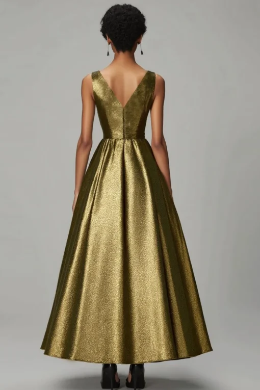 Sparkly Dark Gold A-Line V Neck Ruched Ankle Length Formal Dress