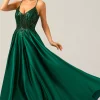 Sparkly Dark Green A-Line Spaghetti Straps Long Prom Dress with Pockets